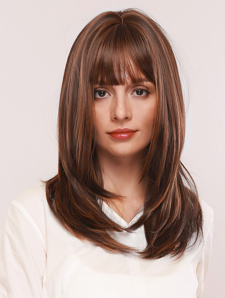 Straight Layered Dark Brown with Highlights Wig with Fringe for Women ...